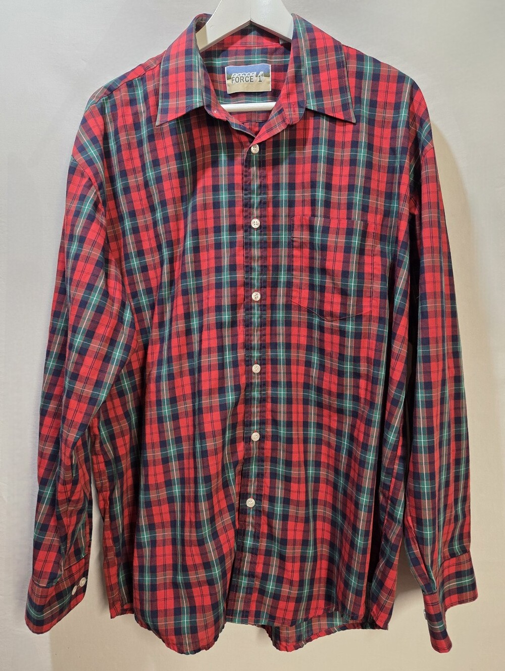 Vintage 1990s Force 1 Red Green Plaid Cotton Blend Button Up Shirt Grunge Sz L